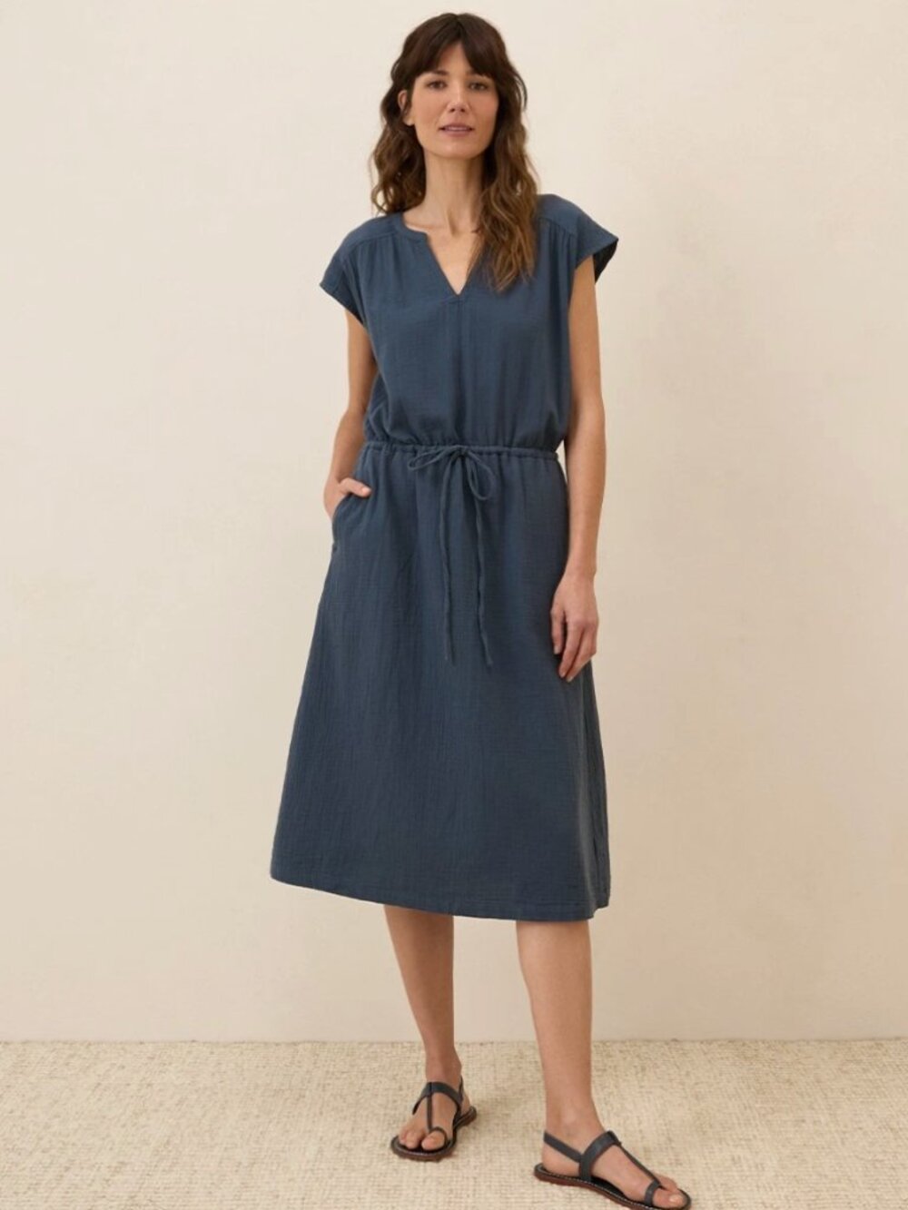 Pact Organic Coastal Double Gauze Tie Waist Midi Dress French Navy Small